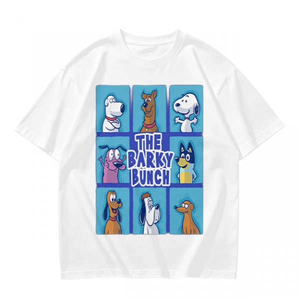Olive green t-shirt with The Barky Bunch cartoon dog graphic