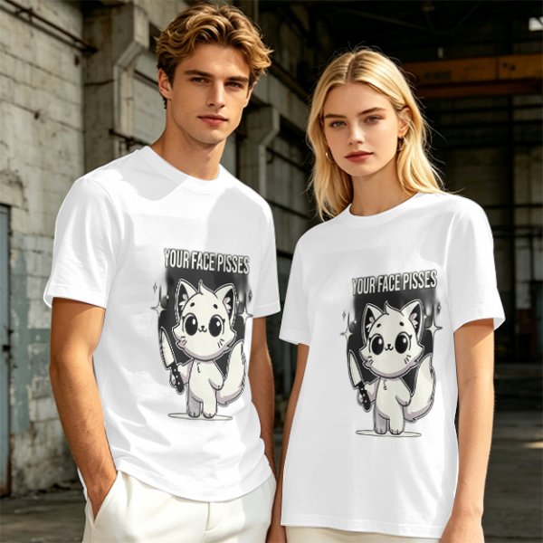 Olive graphic t-shirt with angry cartoon cat holding knife