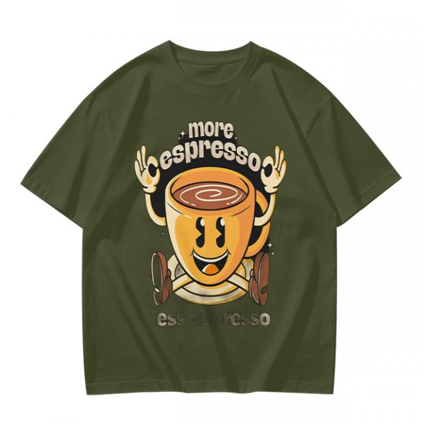Oversized Olive T-Shirt with Retro Espresso Coffee Mascot Graphic