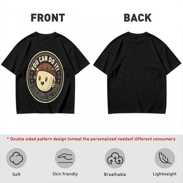 Olive green t-shirt with encouraging coffee character graphic and motivational text