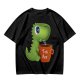 Olive green t-shirt with cute Tea Rex dinosaur holding a steaming tea mug