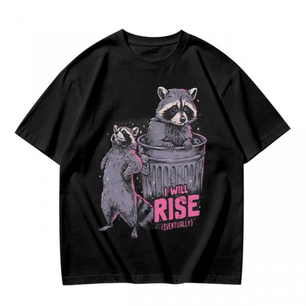Olive graphic t-shirt with raccoons and 'I Will Rise Eventually' text
