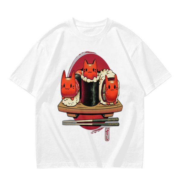 Olive t-shirt with cute cat sushi characters on a wooden platter