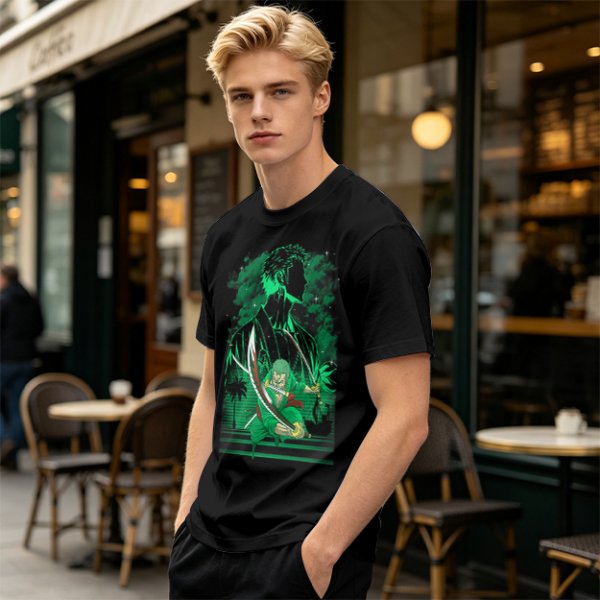 Olive Green Anime T-Shirt With Swordsman Character Artwork