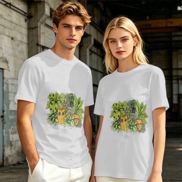 Olive T-Shirt With Playful Cat And House Plants Graphic