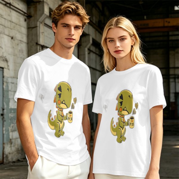 Olive T-shirt with a grumpy cartoon dinosaur holding a coffee mug