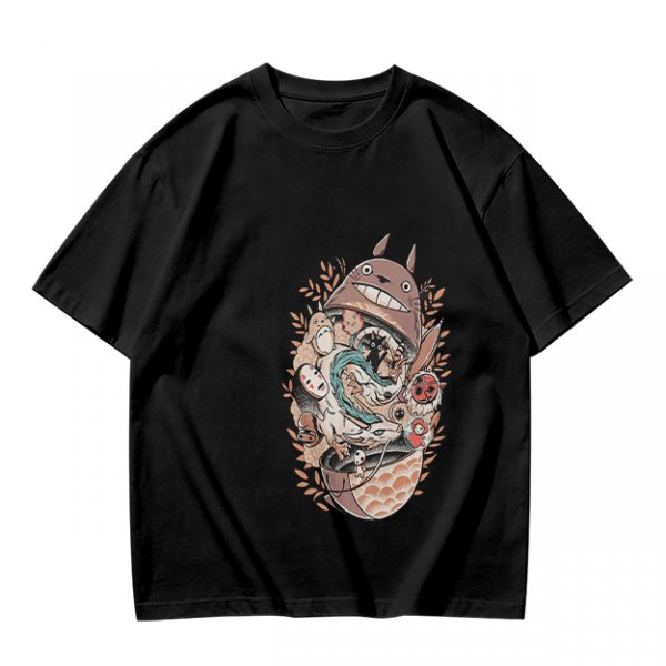 Olive Green T-Shirt with Studio Ghibli Character Collage Print