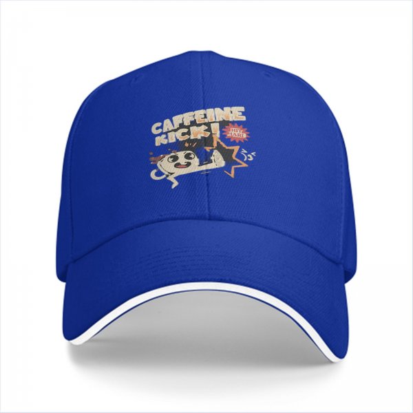 Black baseball cap with caffeine kick cartoon coffee mug graphic