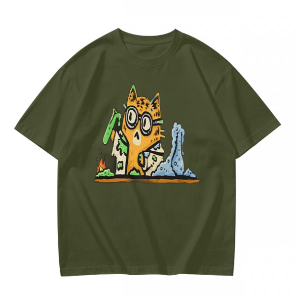 Olive T-Shirt With Mad Scientist Cat Chemistry Lab Print