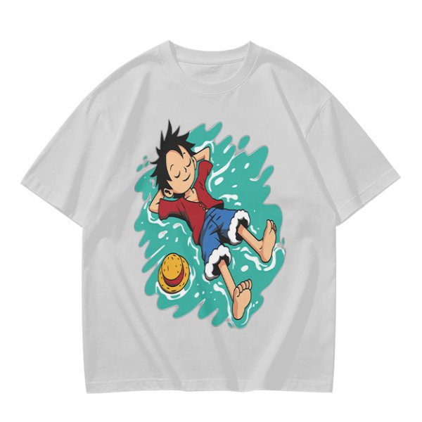 Olive anime t-shirt with Luffy relaxing in water print