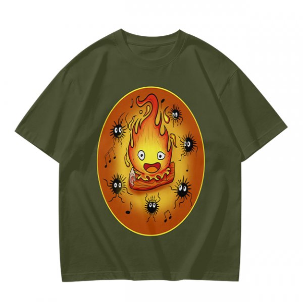 Olive T-Shirt Featuring Calcifer and Soot Sprites Artwork