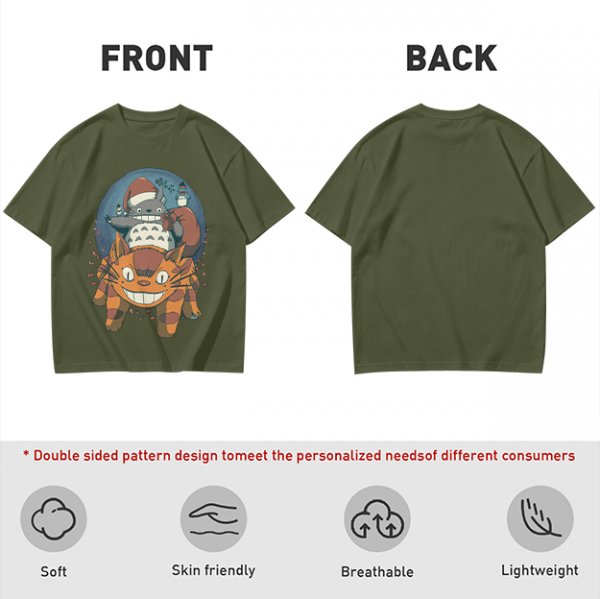 Olive T-shirt with Christmas Totoro Riding Catbus Graphic