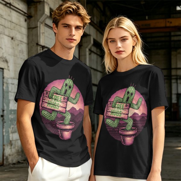 Olive T-shirt with Cartoon Cactus Free Hugs Desert Print
