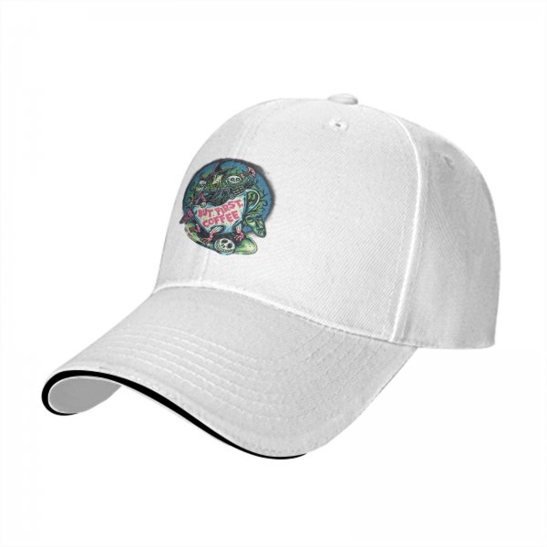 Black Baseball Cap With 'But First Coffee' Halloween Themed Print
