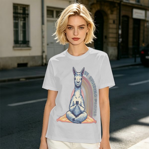 Olive T-Shirt With Meditating Llama Rainbow Graphic