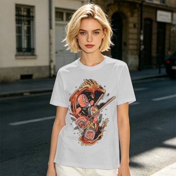 Olive T-shirt with Sushi Dragon Chopstick Art Print