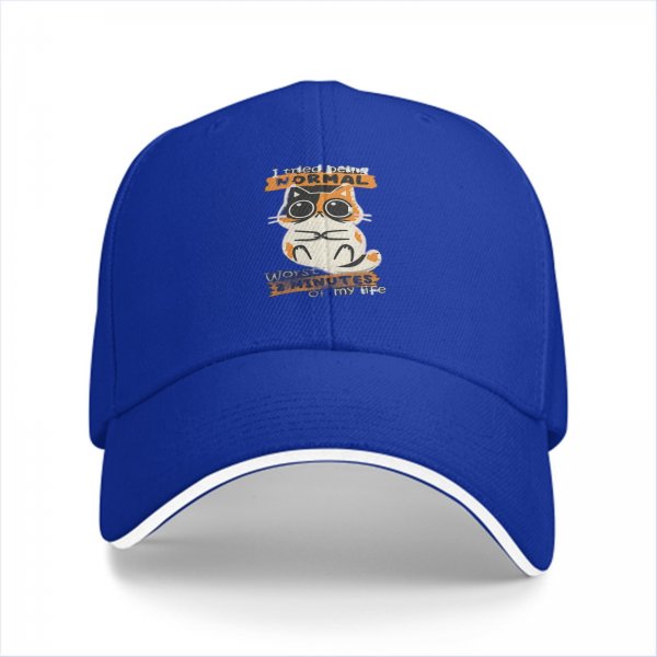 Black baseball cap with 'I tried being normal' calico cat graphic