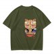 Olive green t-shirt with a cute cat eating ramen graphic