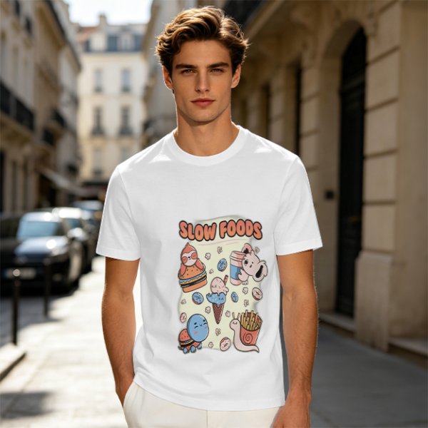 Olive green graphic t-shirt with slow foods animal fast food mashup print