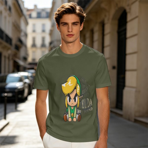 Olive T-shirt with Chibi Link from The Legend of Zelda Print
