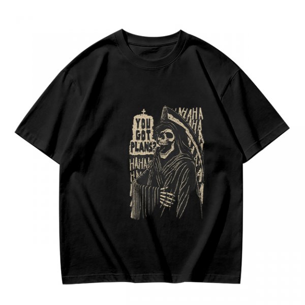 Olive graphic t-shirt with grim reaper and 'You Got Plans?' print