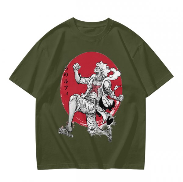 Olive T-shirt with Luffy Gear 5 Sun God Nika Anime Print