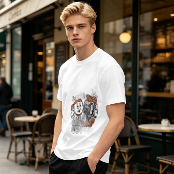 Olive T-Shirt with Retro Cartoon Coffee Cup Characters Graphic