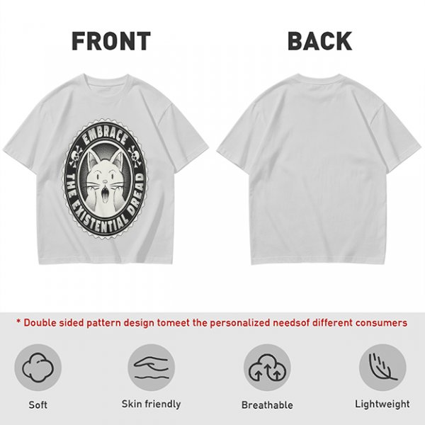 Olive t-shirt with 'Embrace the Existential Dread' screaming cat graphic