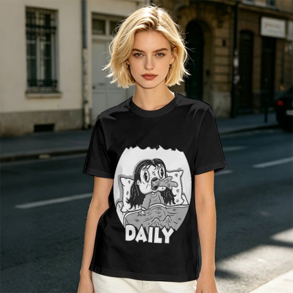 Olive green graphic t-shirt with bedridden cartoon girl and 'DAILY' text
