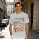 Olive t-shirt with ukiyo-e style ramen cat and Mount Fuji print