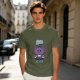 Olive graphic t-shirt with bat cat holding watermelon and 'Bite First Ask Later' text