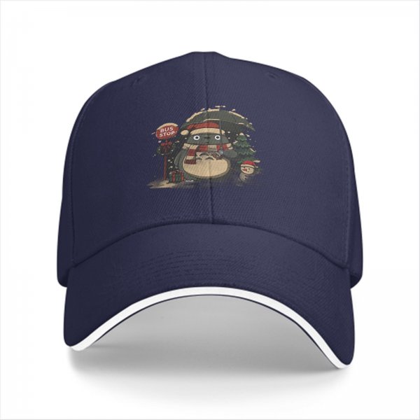 Black baseball cap with Christmas Totoro bus stop print