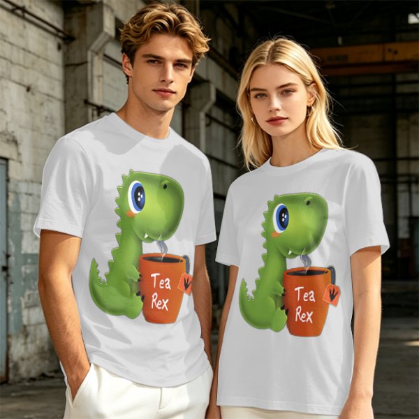 Olive green t-shirt with cute Tea Rex dinosaur holding a steaming tea mug