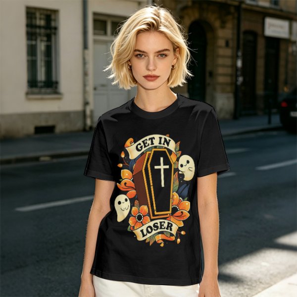 Olive Halloween T-Shirt with Get In Loser Coffin Ghost Floral Art