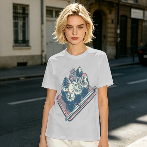Olive T-Shirt With Sushi Themed Character Art Print