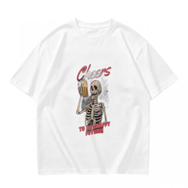 Olive skeleton graphic t-shirt with 'Cheers to my crappy future' print