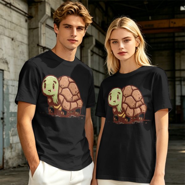 Olive Green T-Shirt With Cute Cartoon Turtle Graphic