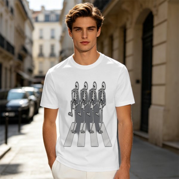 Olive T-Shirt With Skeletons Crossing Abbey Road Style Crosswalk Print
