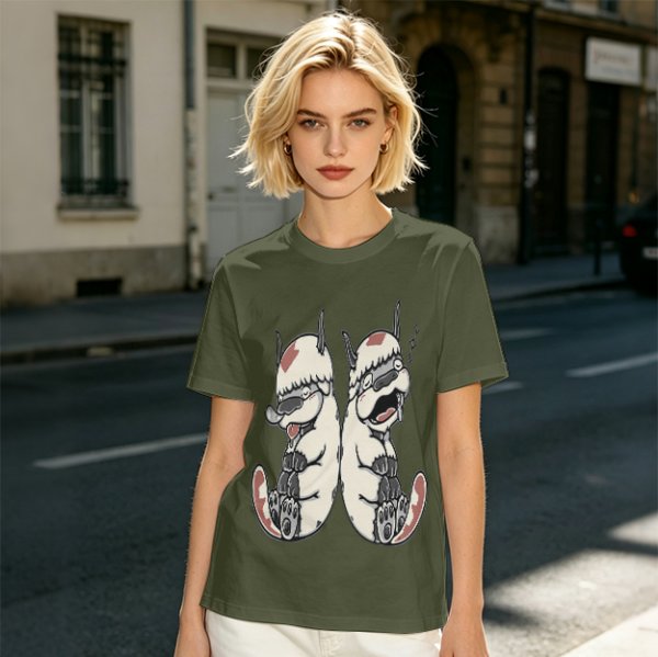 Olive T-Shirt With Two Sleepy Sky Bison Character Prints