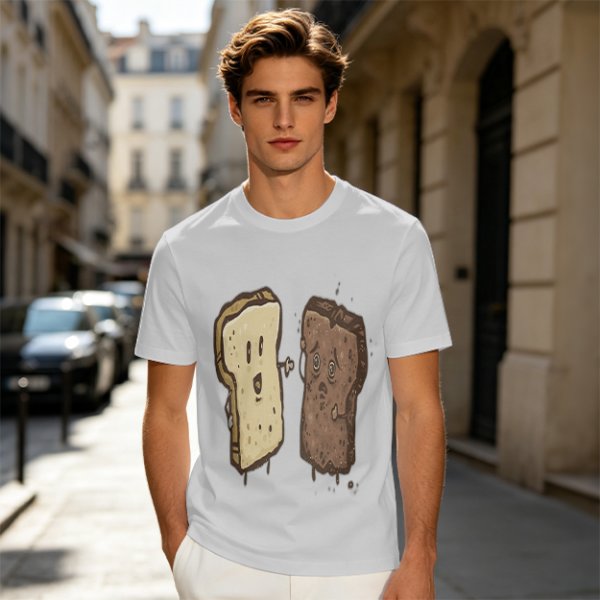 Olive T-Shirt With Surprised Light And Sad Burnt Bread Slices Graphic