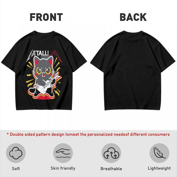 Olive green graphic t-shirt with a cartoon metal cat playing guitar
