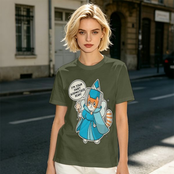Olive T-Shirt With Fairy Godmother Cat Graphic Print