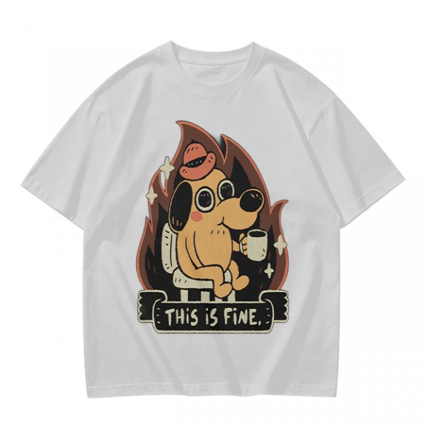 Olive T-Shirt Featuring the 'This Is Fine' Dog in Flames Holding Coffee