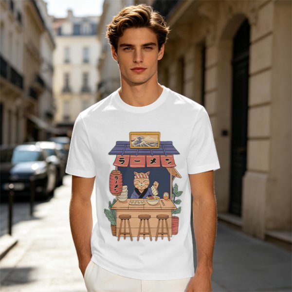 Olive T-Shirt with Cat Ramen Shop Artwork