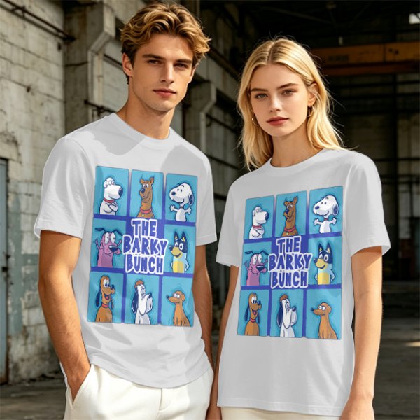 Olive green t-shirt with The Barky Bunch cartoon dog graphic