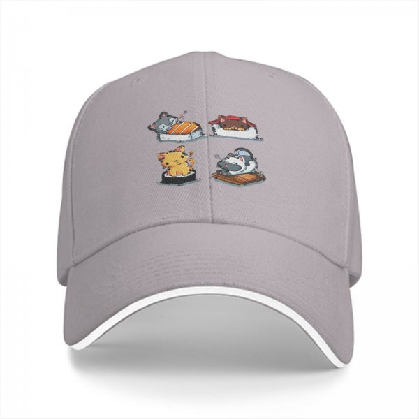Black Baseball Cap With Cute Cat Sushi Artwork