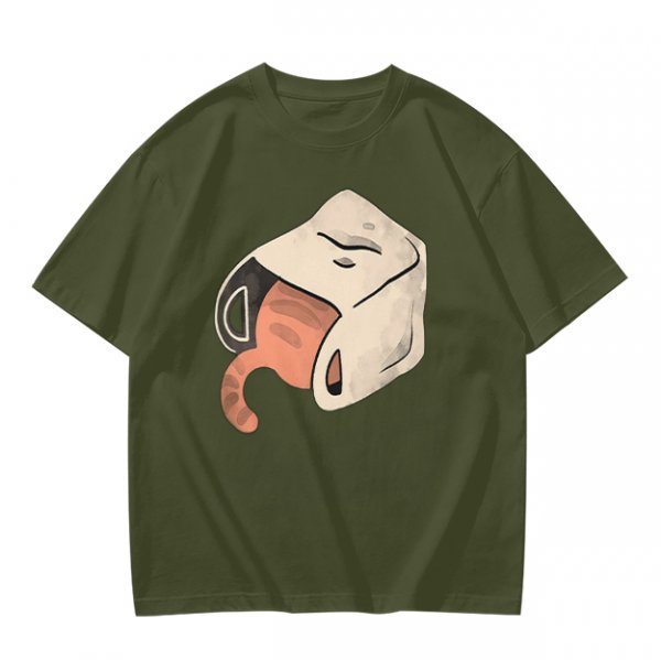 Olive T-Shirt With Whimsical Cat Mug Graphic Print