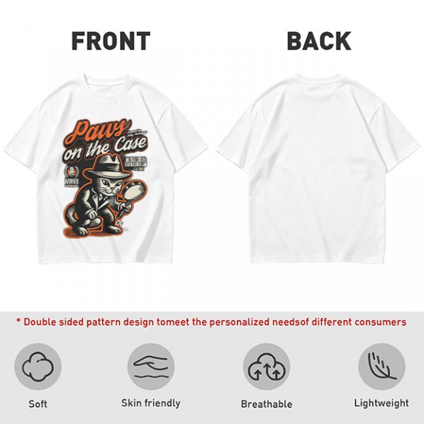 Olive t-shirt with detective cat 'Paws on the Case' graphic