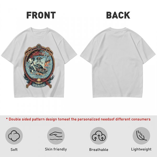 Olive Green Pirate Themed T-Shirt with Ship and Skull Graphic