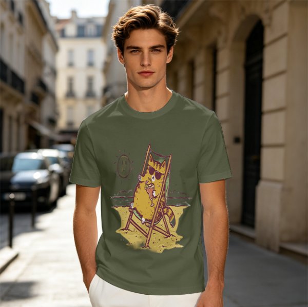 Olive T-Shirt With Cool Cat Lounging On Beach Chair Holding Drink